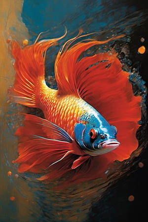  art by simon bisley, art by Brom, art by ralph steadman, art by gustav klimt, an exotic siamese fighting fish, resplendant in colour and intricate detail,  a masterpiece, realistic,  The artwork is a masterpiece, boasting incredible detail and a sense of depth that pulls the viewer in.