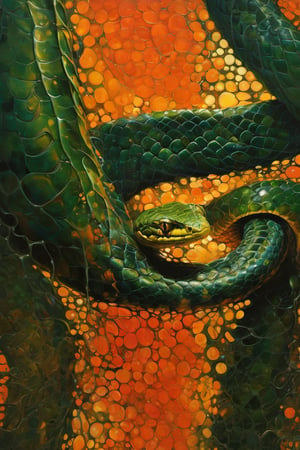  art by simon bisley, art by Brom, art by ralph steadman, art by gustav klimt, a slithering poisonous snake in a tropical jungle, resplendant in colour and intricate detail,  a masterpiece, realistic,  The artwork is a masterpiece, boasting incredible detail and a sense of depth that pulls the viewer in.