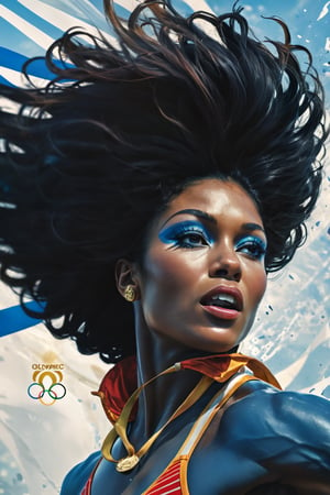 olympic carving by michelangelo, art by simon bisley, art by Boris Vallejo , a masterpiece, stunning beauty, hyper-realistic movie poster, 8k, olympic stadium athletes, an Australian olympic athlete,  a telephoto portrait picture, background blurred, incredible detail, fantasy portrait, smooth skin, kaleidoscope graffiti background, artint, frutiger, An Olympic athlete stands triumphantly, gold medal held aloft in one hand.  The artwork is a masterpiece, boasting incredible detail and a sense of depth that pulls the viewer in.