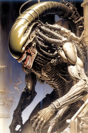 art by Masamune Shirow, art by J.C. Leyendecker, a masterpiece, stunning beauty, hyper-realistic oil painting, vibrant colors, a xenomorph, snarling at the viewer, drool dripping of its mouth, dark chiarascuro lighting, dripping blood and sweat, messed up, battling human troopers, a telephoto shot, 1000mm lens, f2,8, 