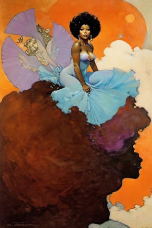 Gay, art nouveau style, an oil painting, a masterpiece, a hot black women, Irene Tutu from Mangaia, she is built for pleasure, ample breasts and bottom, she has it and knows it,  art by TavitaNiko, art by mel odom, art by Klimt , art by brom, art by Warhol, art by frazetta, poster style, Russian art, pink, baby blue, lilac, feminine, 