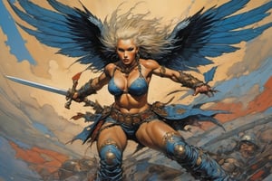 heaven poster, a warrior women, hair is wind blown, huge wings on her back, dramatic blue sky and angry lightening clouds behind her, long battle sword in her right hand, blood dripping from the sword, manga style, an oil painting, a masterpiece, art by TavitaNiko, art by Vallejo, art by Klimt , art by brom, tattoo by ed hardy, shaved hair, neck tattoos andy warhol, heavily muscled, biceps,glam gore, horror, demonic, hell visions, demonic women, military poster style, asian art, chequer board,