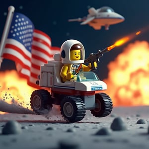 An 3d lego block cartoon scene featuring buzz aldrin riding the lunar rover at full throttle jumping over moon craters, and firing a gun in the airr. The American flag waves proudly behind him as an alien spacecraft soars through the sky. In the background, massive explosions light up the scene.