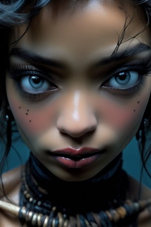 A dark black Nubian woman, extreme close up of her lips, ed hardy tatoos bold flat colour, luminous led tattoos on her hands and face, A charming character, bold, edgy, ethereal, immaculate composition, brian viveros, jean-baptiste, monge, dynamic pose, dynamic light and shadow, 8k resolution, digital art, art by sergio toppi, art design by sergio toppi,  more detail XL, close up, Oil painting, 8k, highly detailed,close up of both lips, 1000 mm lens, tamron, f2.8,  1 inch depth of field, focus on the lips, ,tiedbreastsblue