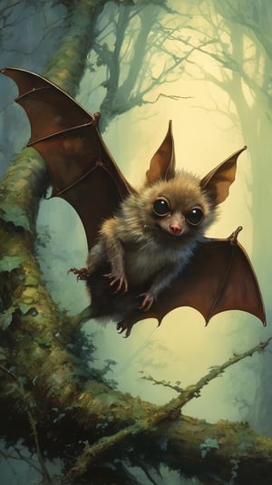 A whimsical masterpiece by Ralph Steadman meets Brom's eerie atmosphere as a cute, bat-like creature hangs upside down from a gnarled tree branch, its big, round eyes with tiny dark pupils gazing up at the Sigma 1000mm lens (f2.8) capturing every detail. The subject's bat-like ears and wings are subtly rendered, while short, fluffy skin and fur blend seamlessly into the surrounding foliage. Small, scaley hands grasp the branch, as if frozen in mid-flight. The eyes, sharp in focus, seem to hold a hint of mischief.