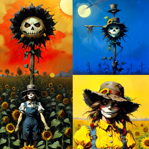  solo focus, hd, 8k, vintage illustration, A vintage-inspired scarecrow standing proudly in a sunflower field, with a worn-out hat and a rusty pitchfork. , masterpiece, award winning illustration by Frank Frazetta, a sexy female scarecrow, DarkFantasy, dark atmosphere, advntr,fr4z3tt4