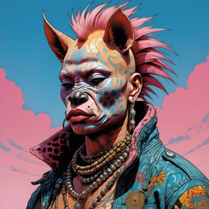 a hyena, Horror Comics style, art by brom, tattoo by ed hardy, shaved pink hair, neck tattoos by andy warhol , heavily muscled, biceps,glam gore, horror, angelic, savanna style, heatwave, stone carvings, tribal motifs, tribal art, animal skins, god visions, Russian military poster style, asian art, chequer board, savanna views, setting sun, 