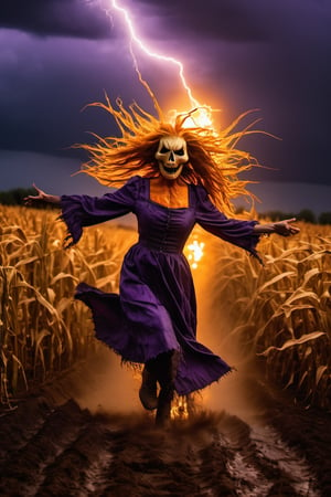 Feet to head full body action shot, Pumpkin girl scarecrow, long stringy wet hair, angry pumpkin face, reaching out from the cornfield to terrify the viewer, hi res, photorealistic, 35 mm canon, slow shutter speed, dark dramatic purple sky, lightening ,Monster,HellAI,oni style,Devasted landscape ,Leonardo Style,EpicSky