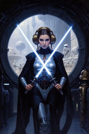  art by boris vallejo, art by gustav klimt, art by brom, a masterpiece, stunning beauty, hyper-realistic oil painting, vibrant colors, princess leia , chewbacca the wookie, c3po the robot, r2d2 the robot, a death star corridor, wearing Star Wars empire outfits, open to a spiral galaxy, Star Wars feel, stormtroopers, lasers, 