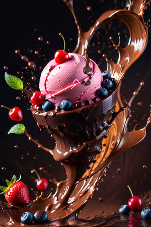 a macroscopic photograph of strawberry ice cream with cherry cream, ice cubes, maraschino cherries, blueberries, lychees , hundreds and thousands, dark chocolate sauce, nuts, mint leaves, splashing dark chocolate sauce, in a gradient honey  coloured background, fluid motion, dynamic movement, cinematic lighting, palette knife, digital artwork by Beksinski,action shot,sweetscape, 3D, oversized fruit, caramel theme, art by Klimt, airbrush art, food photography, food explosion, 