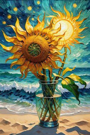 By Van gogh, Sun, wind, a sunny day, oil painting, highly detailed, sharpness, dynamic lighting, super detailing, van gogh starry nights background, painterley effect, post impressionism, ,oil painting, tropical beach