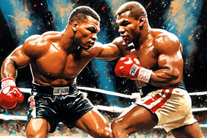 Mike Tyson , in a boxing ring at madison square gardens, close up portrait of two boxers, knocking Jake Paul to the canvas with an uppercut punch, stipple, crosshatching, 5 colour monochromatic art, borders, (((art poster by gian galang))), (((art style by gian galang))), (((design by gian galang))) , neck tattoos by andy warhol, heavily muscled, sweaty shiny bodies, sweat flying off their heads, biceps, fight poster style, asian art, chequer board, mma, octogon, bright contrasting colours, stipple, black n white, ,action shot