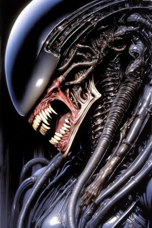 art by Masamune Shirow, art by hr giger, a masterpiece, stunning beauty, hyper-realistic oil painting, a xenomorph, low lighting, intense, dripping blood and sweat, messed up, battling human troopers, a telephoto shot, 1000mm lens, f2,8, 