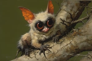 art by ralph steadman, art by brom, art by simon bisley, a masterpiece, ahighly detailed, a creature, big boggly eyes, small dark pupil, bat like ears, short fluffy skin and fur, cling to a branch with small black scaley hands, sigma 1000 mm lens, f2.8, eyes in focus, 