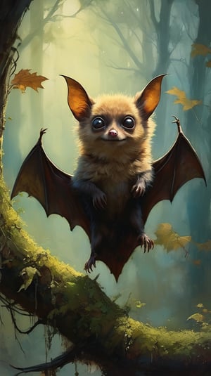 A whimsical masterpiece by Ralph Steadman meets Brom's eerie atmosphere as a cute, bat-like creature hangs upside down from a gnarled tree branch, its big, round eyes with tiny dark pupils gazing up at the Sigma 1000mm lens (f2.8) capturing every detail. The subject's bat-like ears and wings are subtly rendered, while short, fluffy skin and fur blend seamlessly into the surrounding foliage. Small, scaley hands grasp the branch, as if frozen in mid-flight. The eyes, sharp in focus, seem to hold a hint of mischief.