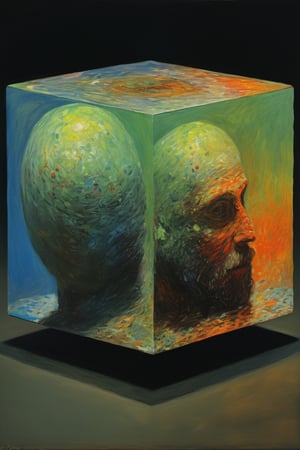 art by Claude Monet, a cube shaped head, stunning beauty, an oil painting, vibrant colors, dark chiarascuro lighting, a telephoto shot, 1000mm lens, f2,8,Vogue,more detail XL