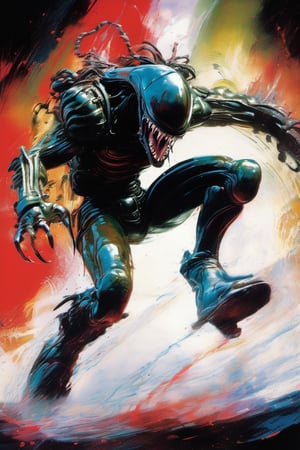 art by glen keane, art by Simon bisley, painting, acrylic block style, vibrant colors, a xenomorph, dark chiarascuro lighting, dripping blood and sweat, messed up, battling human troopers,action shot