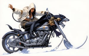 art by Masamune Shirow, art by J.C. Leyendecker, art by boris vallejo, art by brom, art by simon bisley, a masterpiece, a dude riding a hells harleydavidson, a hotted up sexy bike sled, a chromed wolfhead styled fuel container, ape hanger handlebars, wearing a hooded cloak, looking fucking cool, 