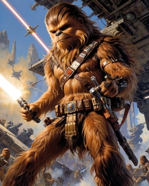 art by Masamune Shirow, art by J.C. Leyendecker, art by boris vallejo, art by gustav klimt, art by simon bisley, a masterpiece, stunning detail, an action shot, low angle, chewbacca, firing his bowcsater during battle, 