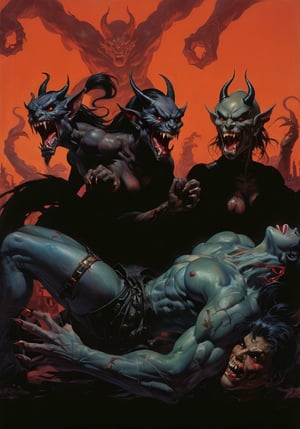 art by Masamune Shirow, art by J.C. Leyendecker, art by boris vallejo, a masterpiece, demonis beasts from hell, hands pulling you under, reaching up, hyper-realistic oil painting, vibrant colors, Horror Comics style, art by brom, tattoo by ed hardy, a woman, shaved hair, neck tattoos by andy warhol, heavily muscled, biceps,glam gore, covered heavily in crisp dark  demonic tattoos, horror, demonic, hell visions, demonic women, military poster style, asian art, chequer board, dark chiarascuro lighting, a telephoto shot, 1000mm lens, f2,8 , graffiti style , abstract, illustration,  ,perfecteyes,FieldSauce, 