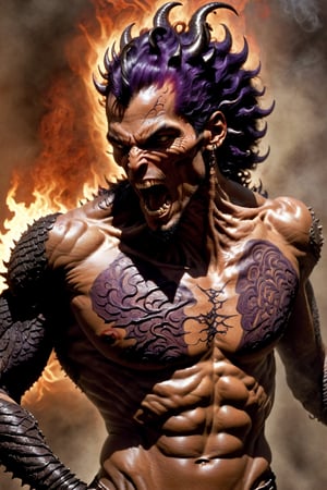 An sexy black african mans arm and shoulder, mid shot, man is bellowing , raging and staring at the viewer, the arm and shoulder is covered in a detailed intricate dark purple and crimson dragon tattoo on his chest and back that is protruding out, out in to reality, its screaming, scratching, smoking, similar to dragon tattoo by Boris Vallejo, frank frazetta style, slowly you see the small dragon tattoo in parts is coming out of the skin and becoming a real version of the tattoo, sticking out, scales, extended claws, 16K, cinematic movie still, like the movie the 300, omatsuri,3un,flmngprsn