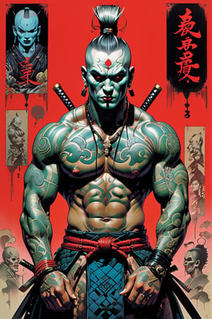 samurai, Horror Comics style, art by brom, tattoo by ed hardy, shaved hair, neck tattoos andy warhol, heavily muscled, biceps,glam gore, horror, demonic, hell visions, demonic women, military poster style, asian art, chequer board,