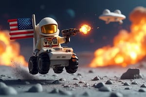 An 3d lego block cartoon scene featuring buzz aldrin riding the Lunar Roving Vehicle (LRV) at full throttle jumping over moon craters, and firing a gun in the airr. he wears a full face helmet with gold reflective visor,  The American flag waves proudly behind him as an alien spacecraft soars through the sky. In the background, massive explosions light up the scene.