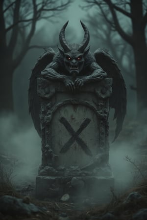  A dark and creepy scene featuring a stone carved gargoyle affixed to draculas tonbstone. a large X is scratched onto the tombstone, The setting is gloomy, with fog swirling around the tombstone, creating a chilling atmosphere. The background is dark and atmospheric, with deep shadows emphasizing a menacing presence. The focus is on the contrasting elements of horror and evil creating a chilling and surreal atmosphere. front view, wide shot, looking from ground  level,Horror Poster Movie