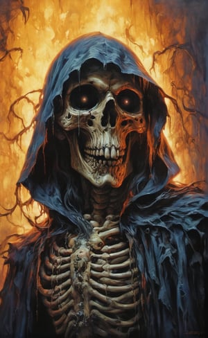 art by Masamune Shirow, art by J.C. Leyendecker, art by boris vallejo, a masterpiece, hyper-realistic oil painting, vibrant colors, Horror Comics style, art by brom, tattoo by ed hardy, a creepy skeleton wearing a hooded cloak, horror, dark chiarascuro lighting, a telephoto shot, 1000mm lens, f2,8 , , illustration,  ,perfecteyes,