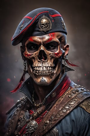 cinematic reality, film, chiarascurio, very short depth of field inches, 1000 mm tamron lens f1,8, shadows, reflection, sparks, mists, skull with red military cap, sharp focus, detailed features, blood, tribal tattoos on the skull cheeks and jaw,