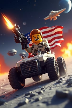 An 3d lego block cartoon scene featuring buzz aldrin riding the lunar rover at full throttle jumping over moon craters, and firing a gun in the airr. The American flag waves proudly behind him as an alien spacecraft soars through the sky. In the background, massive explosions light up the scene.