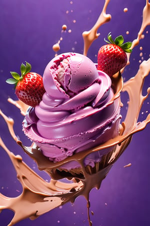 an extreme close up, macro photograph of strawberry ice cream with milk cream, in a stylish modern glass, ice cubes, blueberries, chocolate sauces, nuts, mint leaves, splashing milk cream, in a gradient purple background, fluid motion, dynamic movement, cinematic lighting, Mysterious, golden ratio, fake detail, trending pixiv fanbox, acrylic palette knife, style of makoto shinkai studio ghibli genshin impact james gilleard greg rutkowski chiho aoshima,digital artwork by Beksinski,action shot