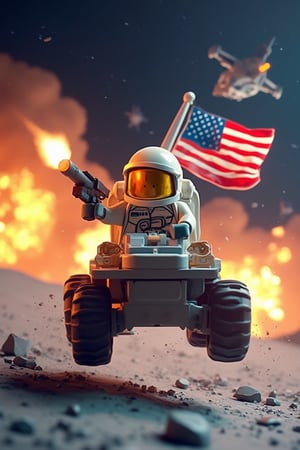 An 3d lego block cartoon scene featuring buzz aldrin riding the Lunar Roving Vehicle (LRV) at full throttle jumping over moon craters, and firing a gun in the airr. he wears a full face helmet with gold reflective visor,  The American flag waves proudly behind him as an alien spacecraft soars through the sky. In the background, massive explosions light up the scene.