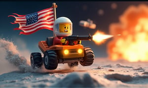 An 3d lego block cartoon scene featuring buzz aldrin riding the lunar rover at full throttle jumping over moon craters, and firing a gun in the airr. The American flag waves proudly behind him as an alien spacecraft soars through the sky. In the background, massive explosions light up the scene.