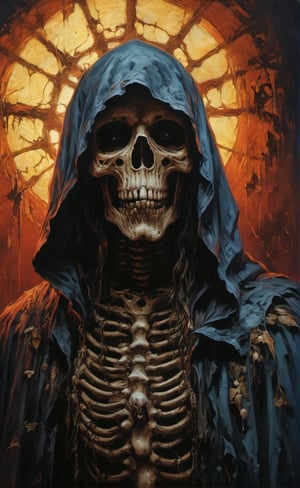 art by Masamune Shirow, art by J.C. Leyendecker, art by boris vallejo, a masterpiece, hyper-realistic oil painting, vibrant colors, Horror Comics style, art by brom, tattoo by ed hardy, a creepy skeleton wearing a hooded cloak, horror, dark chiarascuro lighting, a telephoto shot, 1000mm lens, f2,8 , , illustration,  ,perfecteyes,