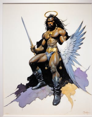 an oil painting, a masterpiece, a black male angel, wings spread,  art by TavitaNiko, art by mel odom, art by Klimt , art by brom, art by Warhol, art by frazetta, 