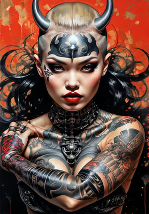 hell poster, manga style, an oil painting, a masterpiece, art by TavitaNiko, art by Vallejo, art by Klimt , art by giger, tattoo by ed hardy, shaved hair, neck tattoos andy warhol, heavily muscled, biceps,glam gore, horror, demonic, hell visions, demonic women, military poster style, asian art, chequer board,