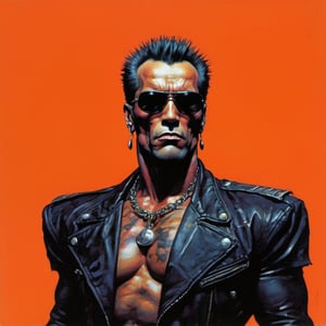 the terminator, Horror Comics style, art by brom, tattoo by ed hardy, shaved hair, neck tattoos andy warhol, heavily muscled, biceps,glam gore, horror, demonic, hell visions, demonic women, military poster style, asian art, chequer board,huge cock