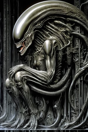 art by Masamune Shirow, art by hr giger, a masterpiece, stunning beauty, hyper-realistic oil painting, a xenomorph, low lighting, intense, dripping blood and sweat, messed up, battling human troopers, a telephoto shot, 1000mm lens, f2,8, ,Matrix code