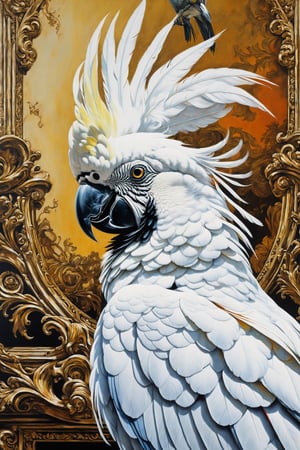 peacocks, zebra stripes,white cockatoo, baroque style, art by sergio toppi, art design by sergio toppi, military poster style, ,more detail XL,close up,Oil painting, 8k, highly detailed, in the style of esao andrews, a clse up oil portrait of a beautiful group of birds, 