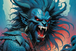 close up of the mans face, a sexy black african mans arm and shoulder, man is staring screaming at the viewer, raging, long hair, the arm and shoulder are covered in a very detailed intricate red and blue dragon tattoo that is protruding outfrom the skin, coming alive, its screaming, scratching, similar to dragon tattoo by Boris Vallejo, slowly you see the small dragon tattoo in parts is coming out of the skin and becoming a real version of the tattoo, sticking out, scales, extended claws, spit, spittle, blood drops, 16K, movie still, cinematic, ,omatsuri,DonMn1ghtm4reXL,DonMWr41thXL ,potma style,monster,retropunk style,Starship,zj,oni style,DonM5yn1hXL