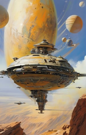 spaceship travelling past a planet, in space, ultra quality, highly detailed (ultra realism:1.2), art by john Berkey, art by chris foss,