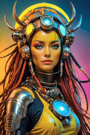 a masterpiece, stunning beauty, perfect face, epic love, Slave to the machine, full-body, hyper-realistic oil painting, vibrant colors, Body horror, wires, , native american war bonnet, a rusty and silver spotted steampunk spacesuit, women looking directly out to viewer, wry smile on her face, neon face with multiple coloured circuits on it, full face visor translucent dirty yellow colour, in the style of futuristic space, glamour, Steam punk steam punk animated gifs, xenomorph lookalike adornments, gun in hand, algorithmic artistry, frank frazetta style, perfect makeup, boris vallejo, pop art consumer culture, plain neon steampunk background, full figure pose, dripping paint, Leonardo Style, blacklight makeup, oni style,