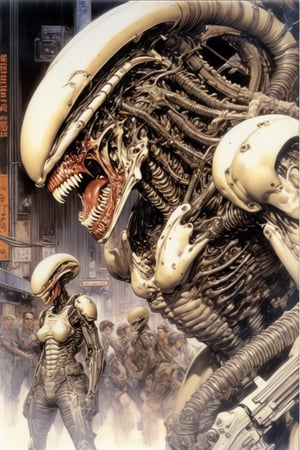art by Masamune Shirow, art by J.C. Leyendecker, a masterpiece, stunning beauty, hyper-realistic oil painting, vibrant colors, a xenomorph, snarling at the viewer, drool dripping of its mouth, dark chiarascuro lighting, dripping blood and sweat, messed up, battling human troopers, a telephoto shot, 1000mm lens, f2,8, 