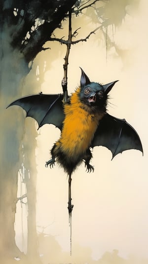 art by ralph steadman, art by brom, art by simon bisley, a masterpiece, a highly detaikled, a cute bat like creature, hanging upside down  from a tree branch , big boggly eyes, small dark pupil, bat like ears, bat like wings, short fluffy skin and fur, small black scaley hands, sigma 1000 mm lens, f2.8, eyes in focus, 