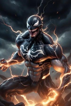 In a majestic, HD, 8K composition, a close up mid shot, the stunning figure of Venom, assumes a dramatic pose. Framed against fiery clouds, lightening, and a turbulent sky,Venoms gaze meets the viewer's, eyes gleaming with intensity,  he appears to scan the horizon. The illustration exudes a sense of heroic fantasy, reminiscent of Dungeons and Dragons, as if venom is about to embark on an epic adventure, wispy storm clouds, lightening, foggy turbulent sky,action shot