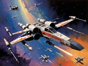 art by simon bisley, art by ralph steadman, a masterpiece, stunning detail, a rebellion X-Wing flying through the galaxy, 