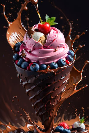 a macroscopic photograph of strawberry ice cream with cherry cream, ice cubes, maraschino cherries, blueberries, lychees , hundreds and thousands, dark chocolate sauce, nuts, mint leaves, splashing dark chocolate sauce, in a gradient honey  coloured background, fluid motion, dynamic movement, cinematic lighting, palette knife, digital artwork by Beksinski,action shot,sweetscape, 3D, oversized fruit, caramel theme, art by Klimt, airbrush art, food photography, food explosion background