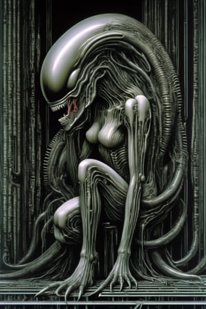 art by Masamune Shirow, art by hr giger, a masterpiece, stunning beauty, hyper-realistic oil painting, a xenomorph, low lighting, intense, dripping blood and sweat, messed up, battling human troopers, a telephoto shot, 1000mm lens, f2,8, ,Matrix code