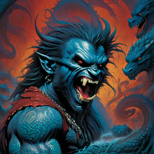 close up of the mans face, a sexy black african mans arm and shoulder, man is staring screaming at the viewer, raging, long hair, the arm and shoulder are covered in a very detailed intricate red and blue dragon tattoo that is protruding outfrom the skin, coming alive, its screaming, scratching, similar to dragon tattoo by Boris Vallejo, slowly you see the small dragon tattoo in parts is coming out of the skin and becoming a real version of the tattoo, sticking out, scales, extended claws, spit, spittle, blood drops, 16K, movie still, cinematic, ,omatsuri,DonMn1ghtm4reXL,DonMWr41thXL 